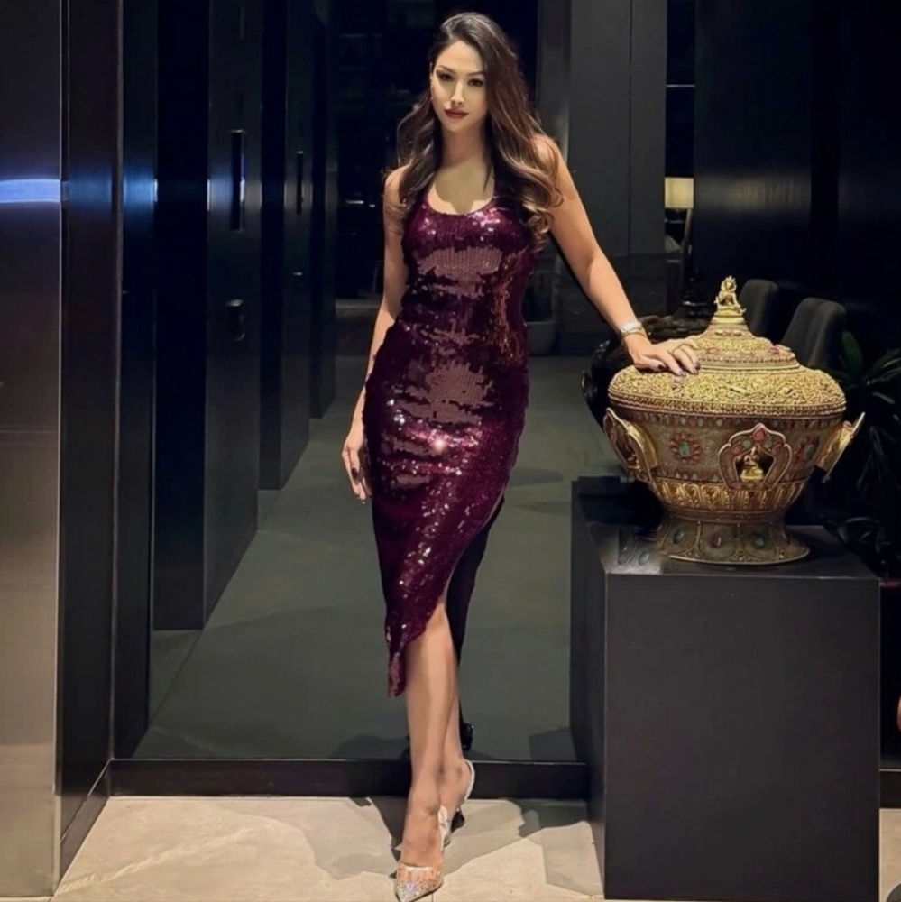Zara (Bloggers Fave) Burgundy Sequin Halter Maxi Dress Size Med